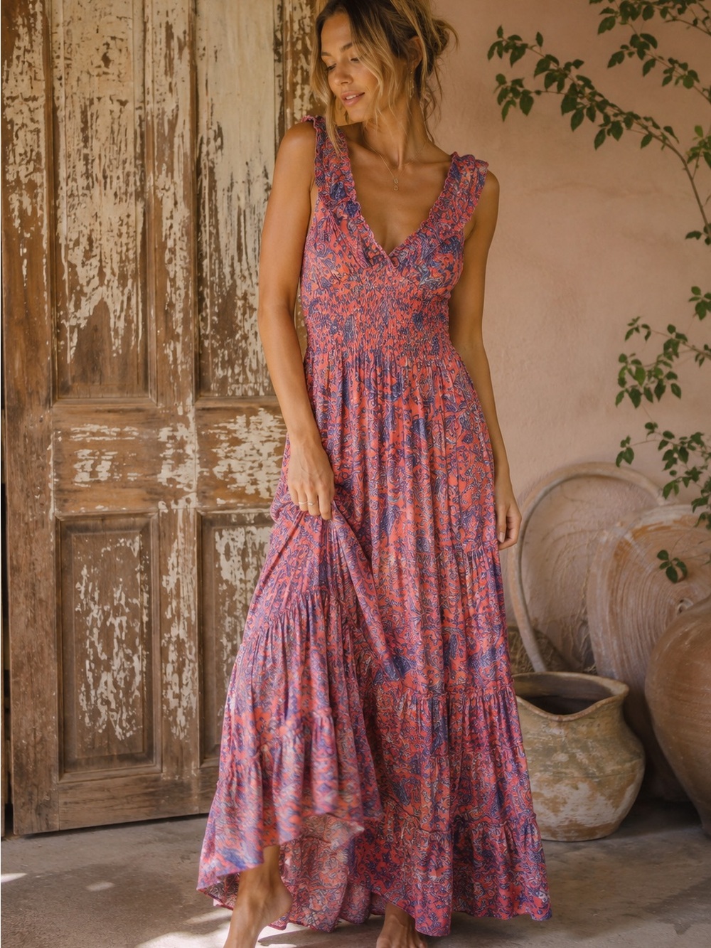 Karma Highway Pink & Blue Paisley Smocked Maxi Dress Boho One Size